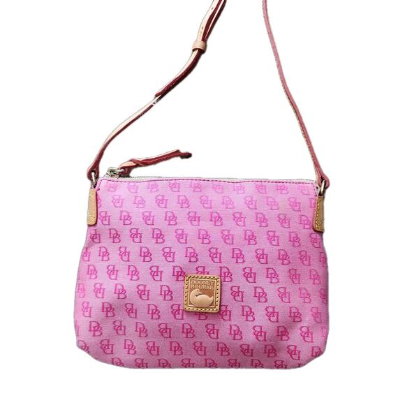 Dooney & Bourke Vtg Y2K Pink Canvas Monogram Leather Strap Crossbody Bag - Picture 2 of 13